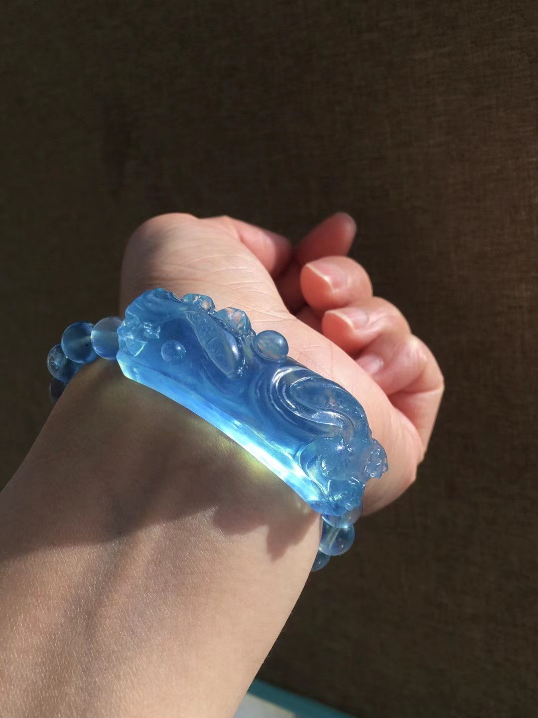 Rare Natural Aquamarine Quartz Healing Crystal Carved Fish bracelet Decor Reiki
