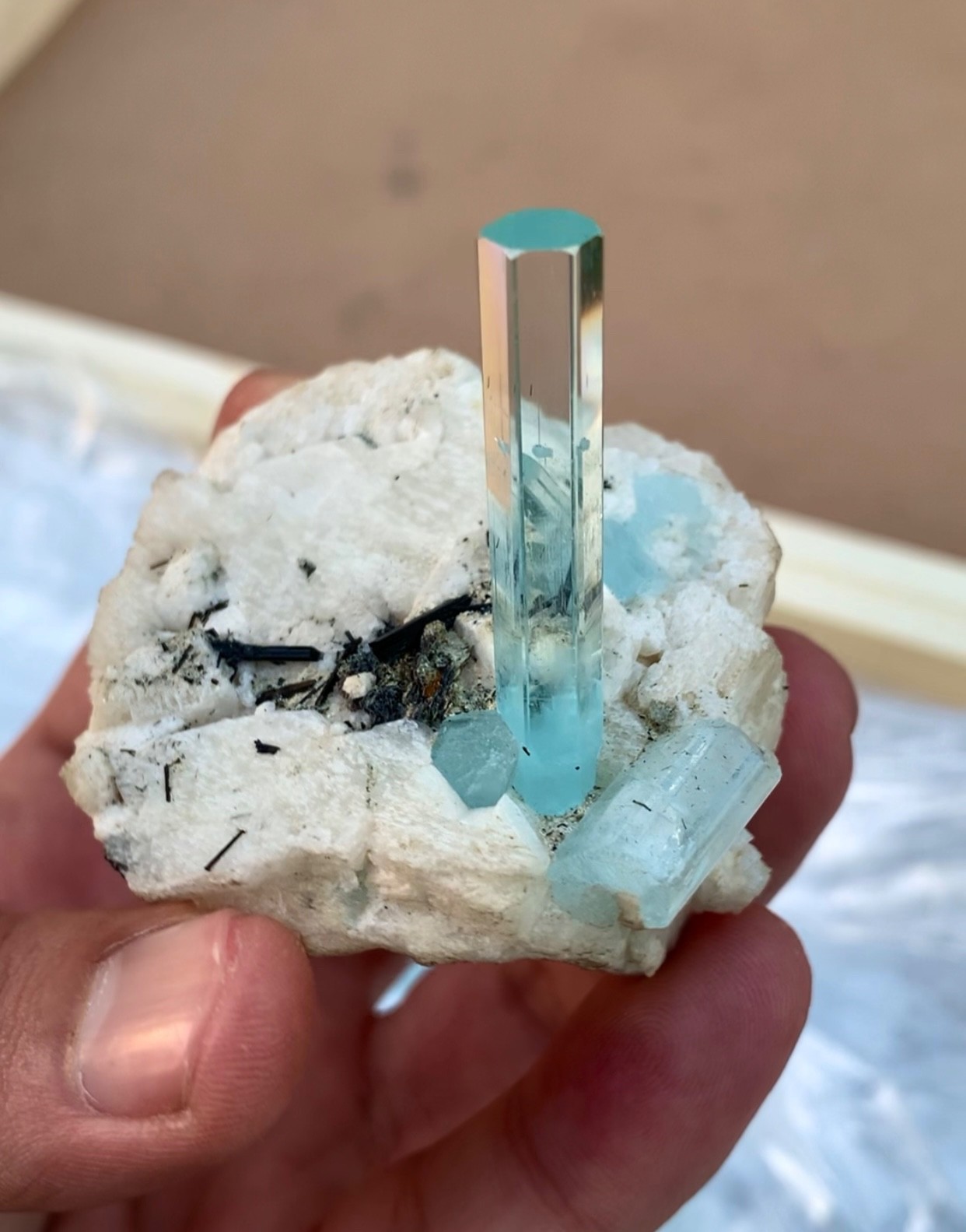 Natural rich blue aquamarine crystal with albite and schorl from skardu,Pakistan