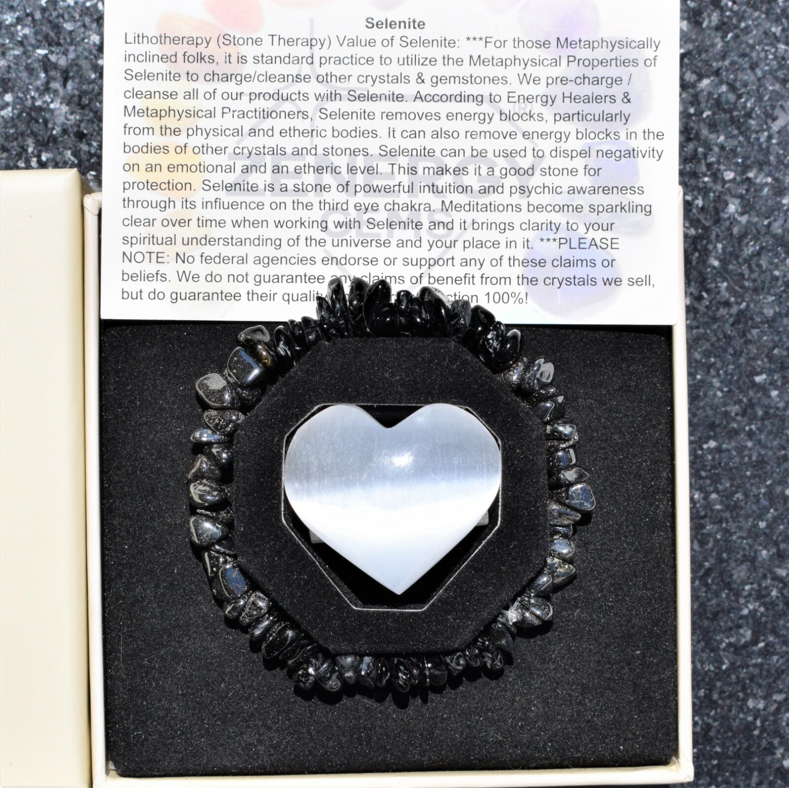 CHARGED Black Tourmaline Hematite Crystal Chip Stretchy Bracelet + Selenite
