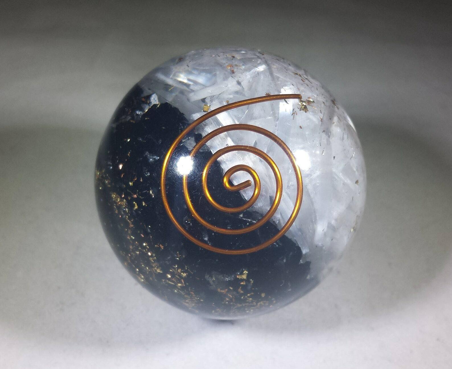 MEDIUM (40-50mm) BLACK TOURMALINE/SELENITE ORGONE GEMSTONE SPHERE ORGONITE