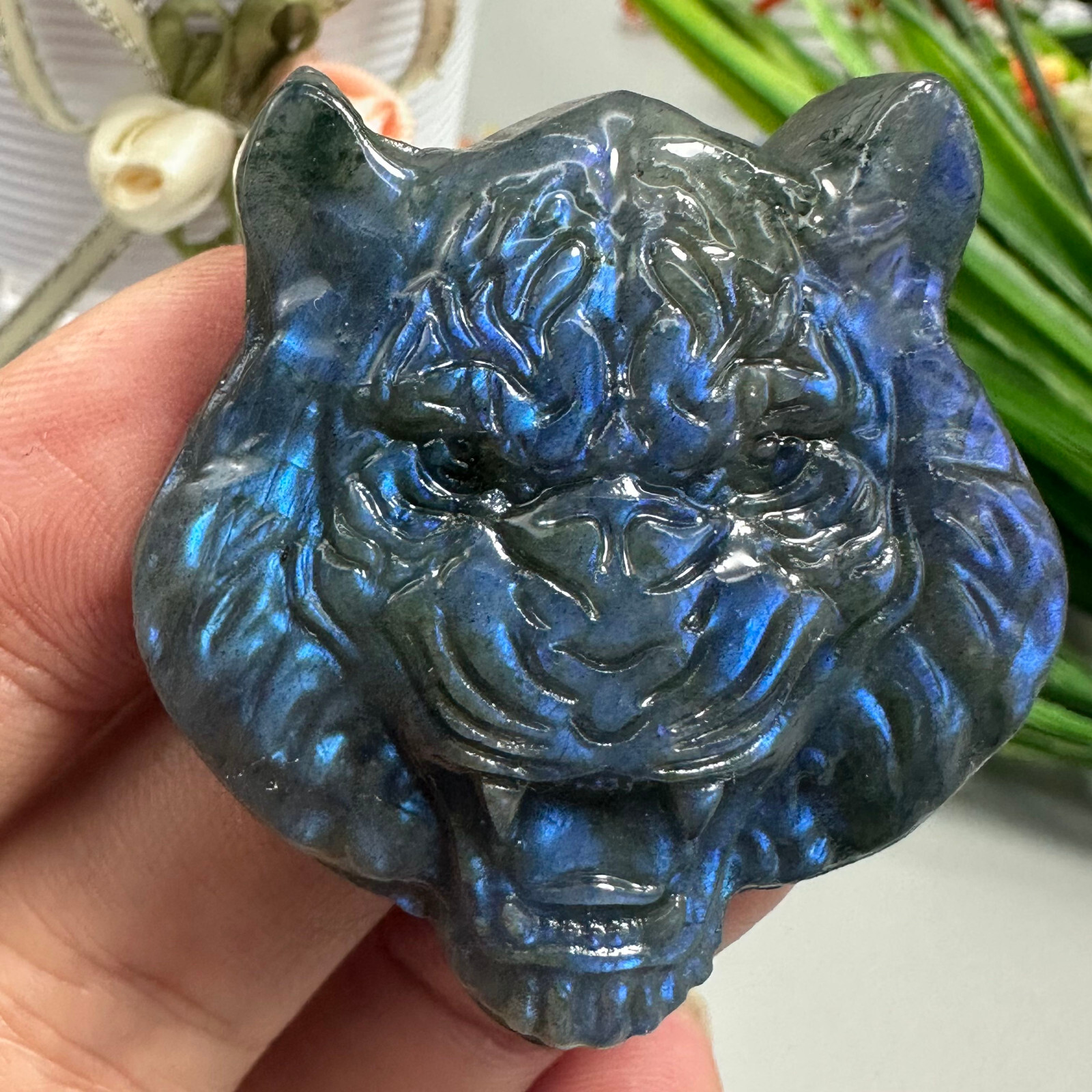 Natural Labradorite Carved Tiger Skull Quartz Skull Crystal Specimen Reiki Heal