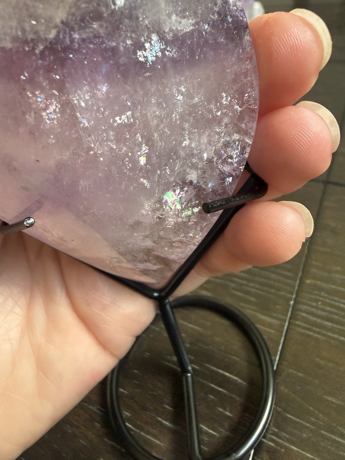 6 1/2in. High Grade Quality Phantom Amethyst Quartz Flame Drop Crystal On Stand