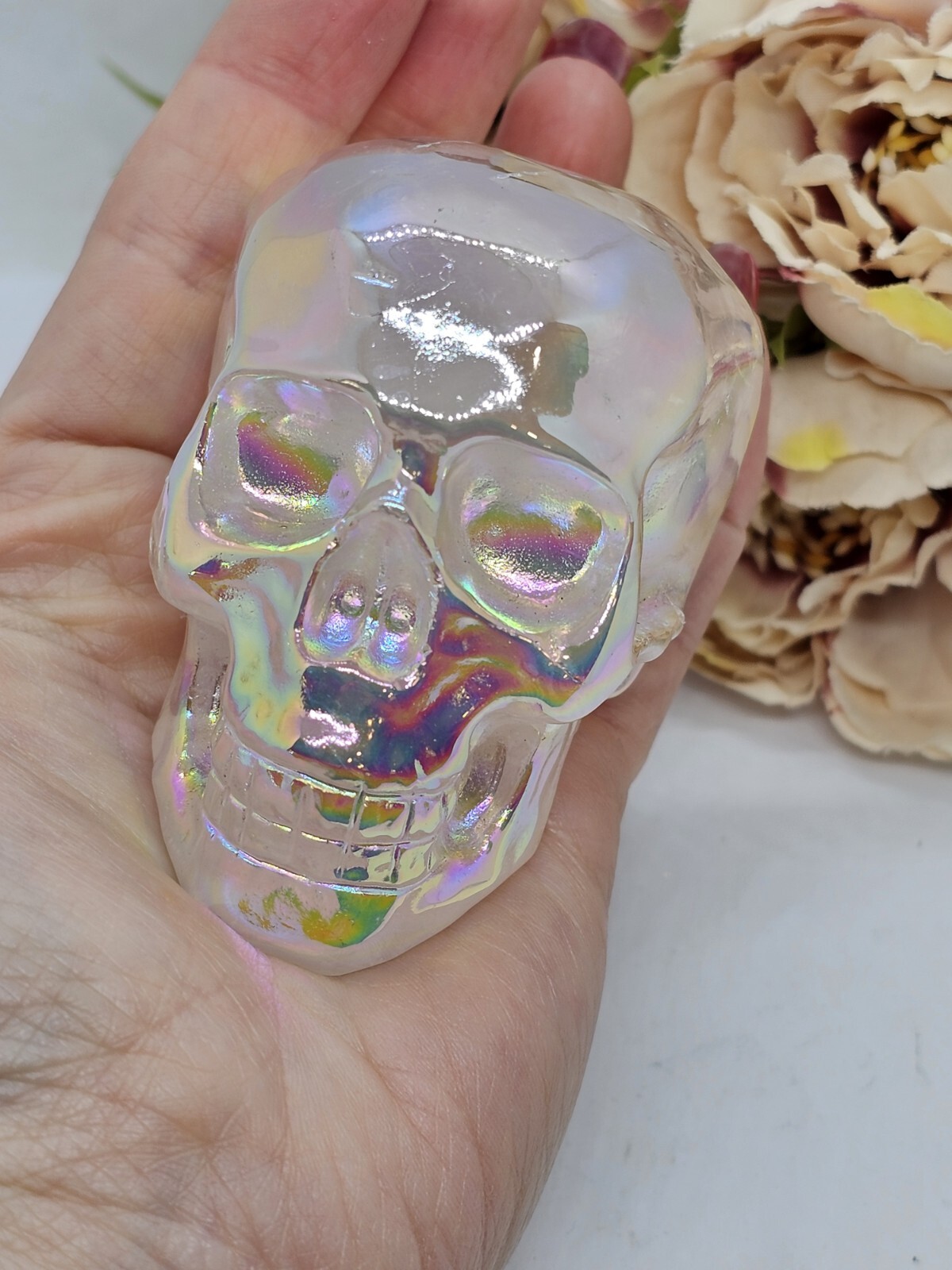 *SALE* Angel Aura Rose Quartz Rainbow crystal Skull 281g 5x7x4.8cm
