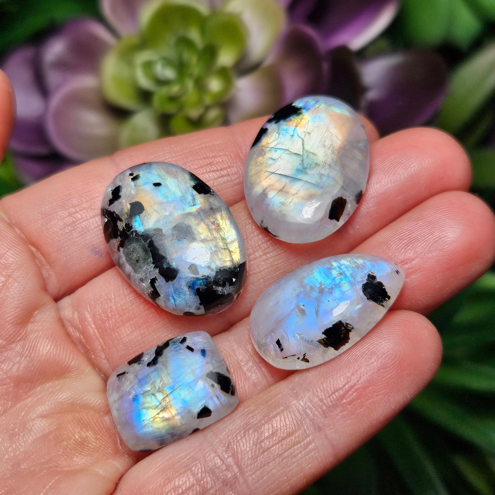 Rainbow Moonstone & Black Tourmaline Cabochon
