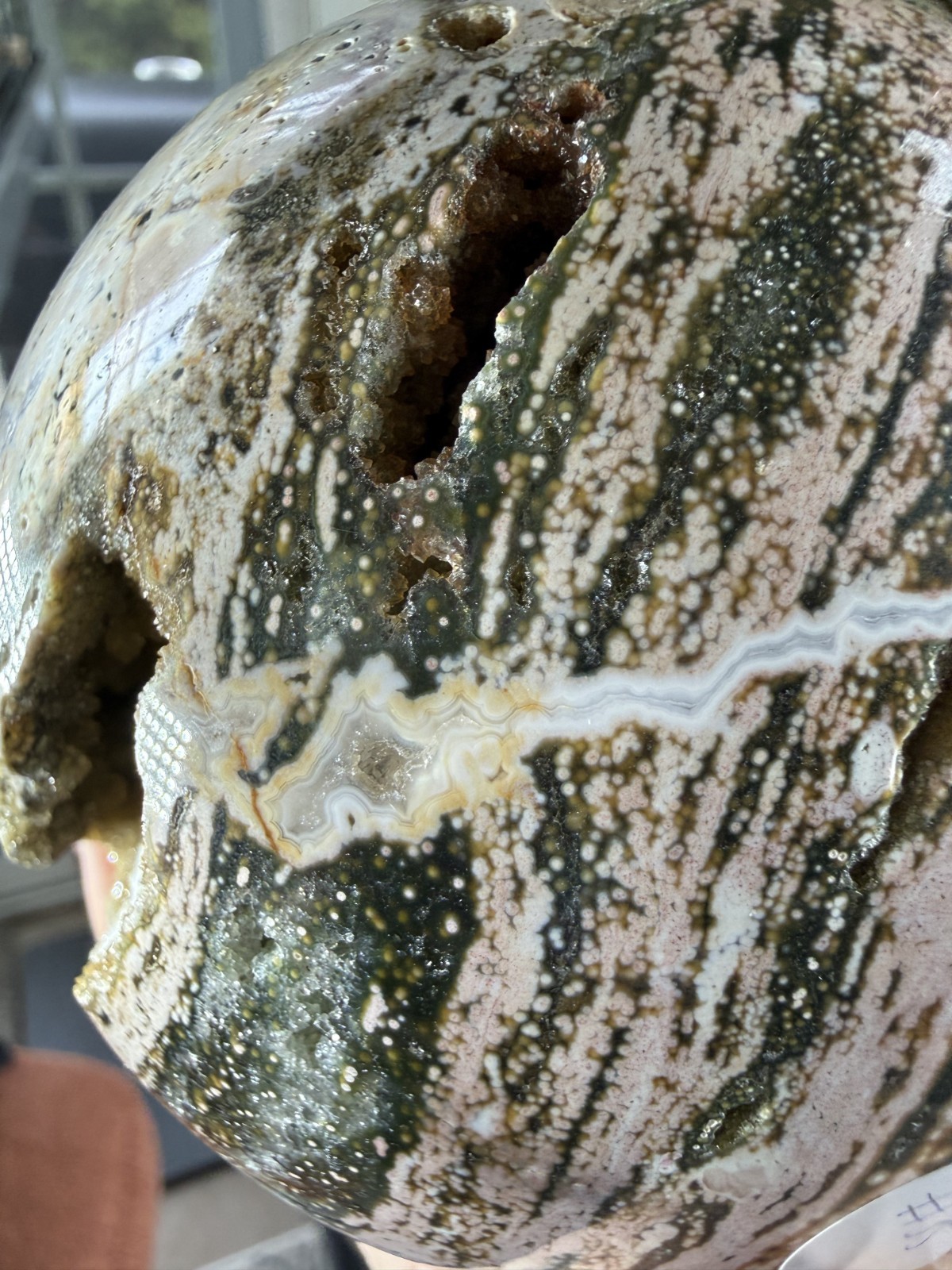 8th Vein Ocean Jasper Sphere – Druzy Pockets – Green, Pink, White – 3.69lbs