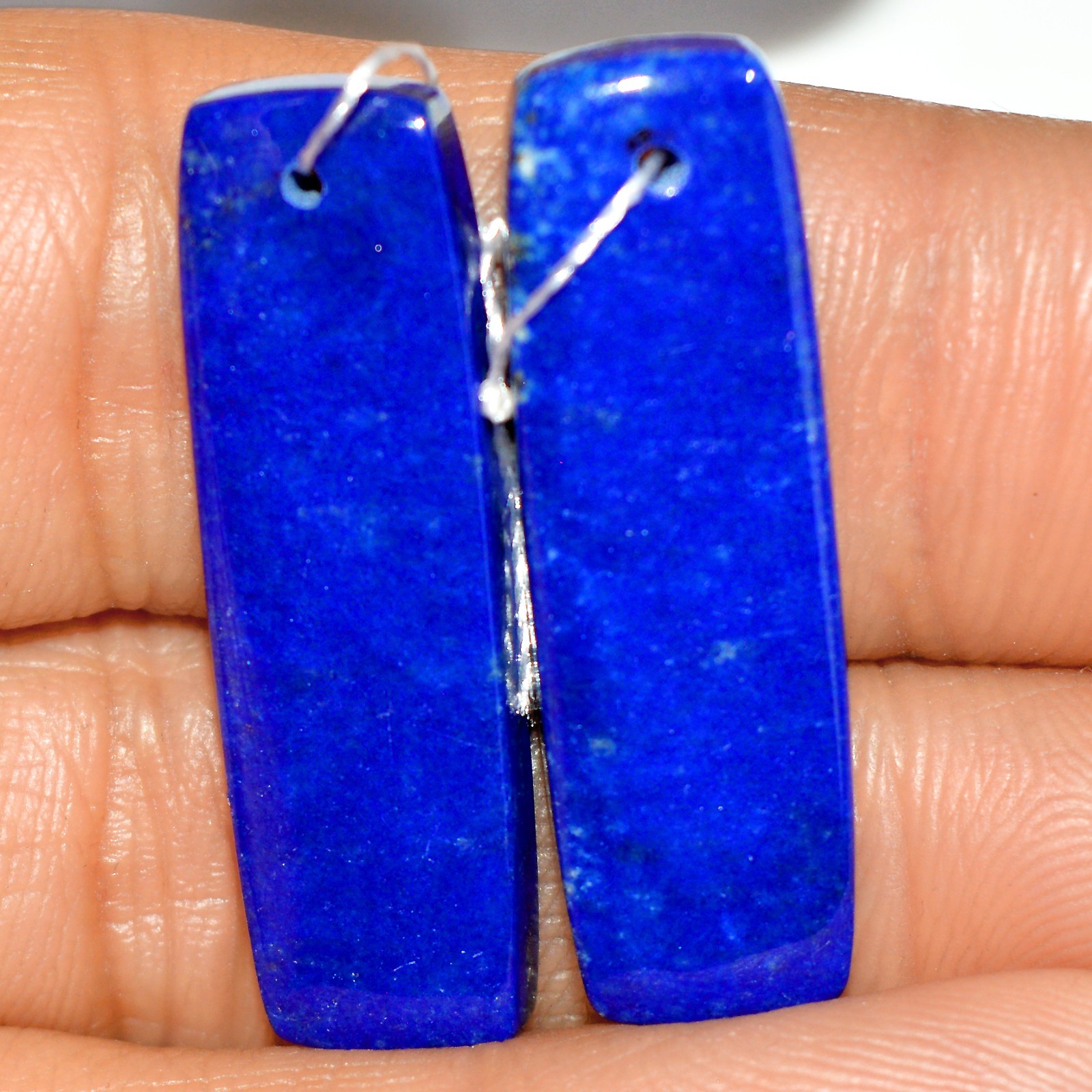 33 Cts Natural Lapis Lazuli Cabochon Gemstone Front Drill Pair 31x11mm #P797