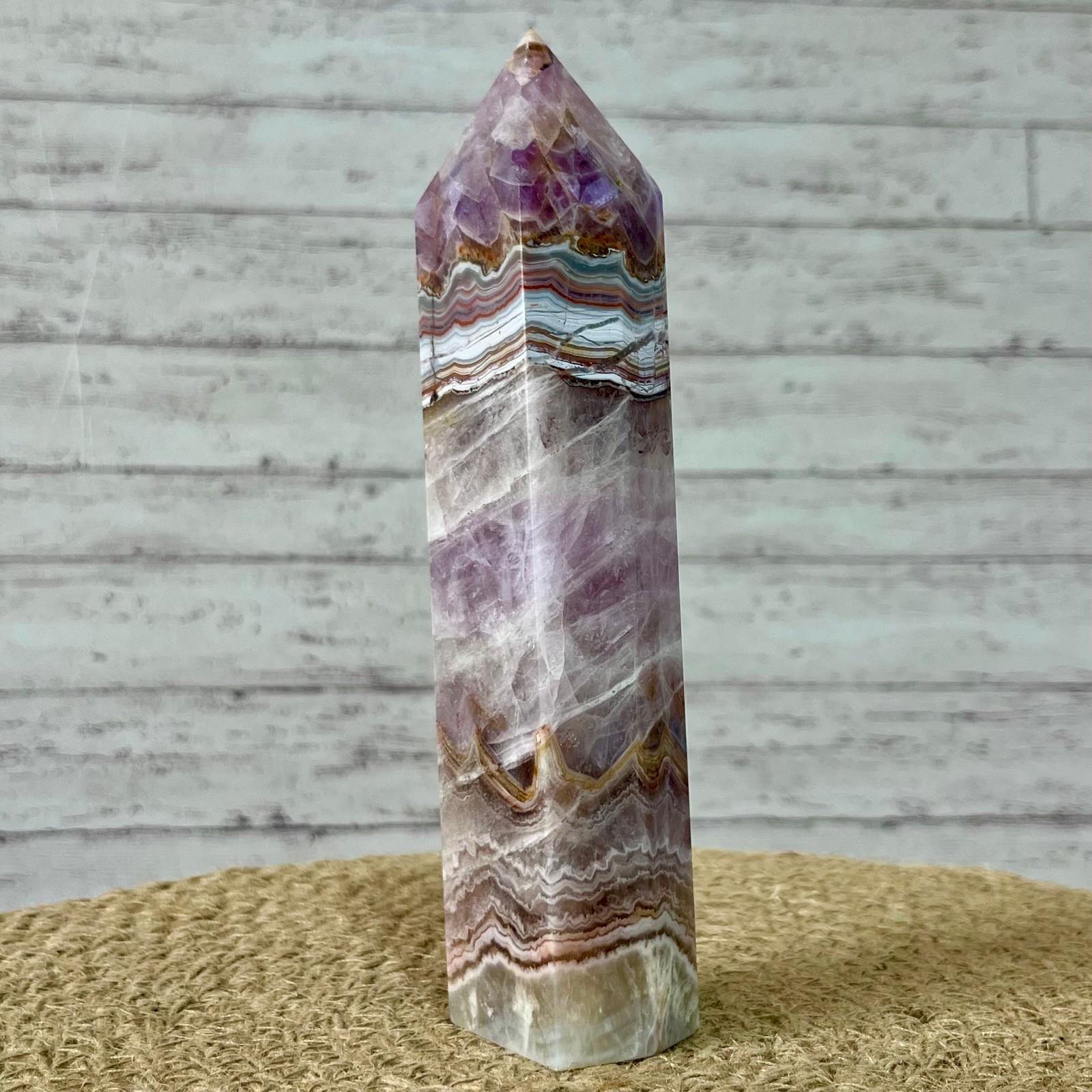 381 g Natural Amethyst Agate Tower Striped Pattern Crystal Obelisk