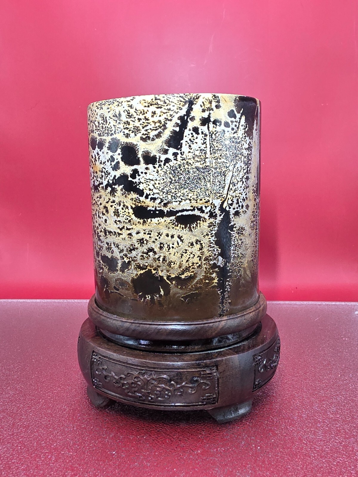 Natural Picture Jasper Vase Quartz Crystal On A Wood Holder Reiki healing 2+LB