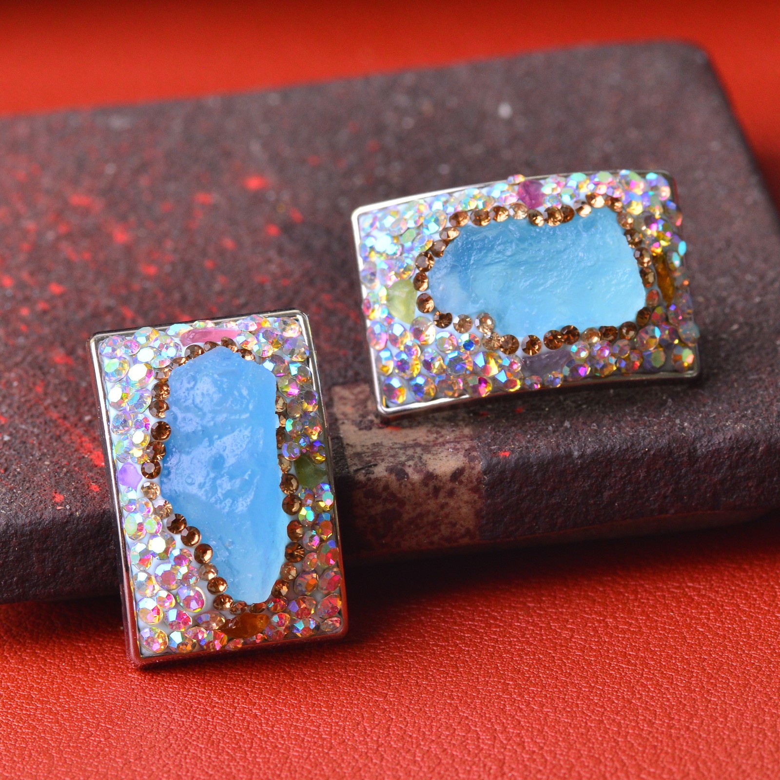Aquamarine-inlaid alloy ear stud gemstone jewelry Energy Crystal