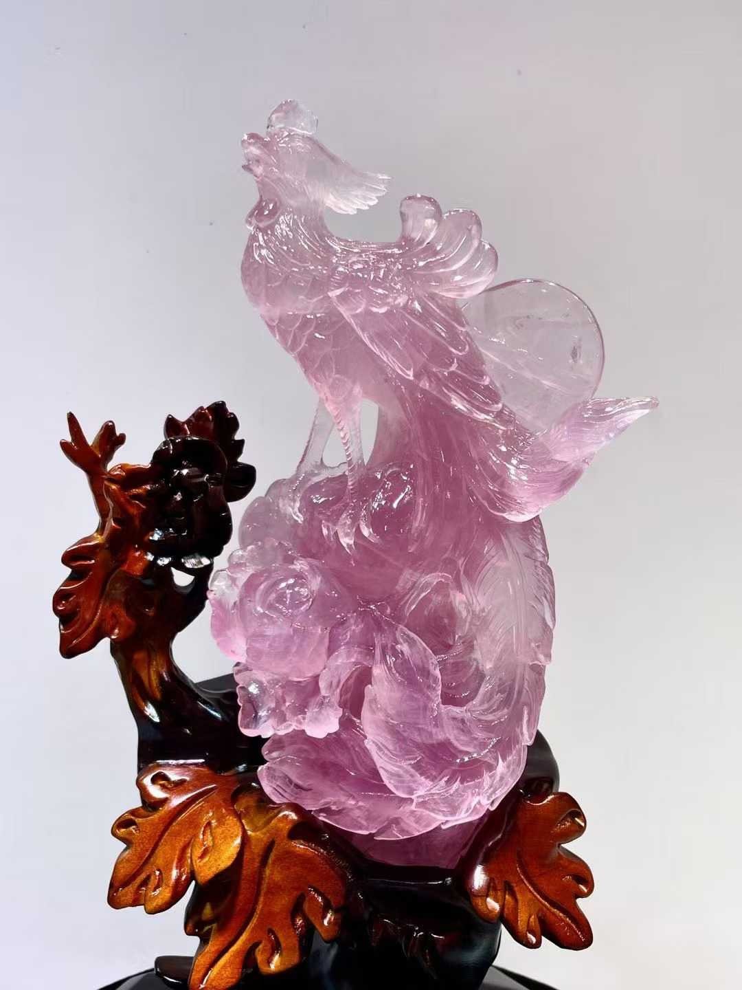 4.3LB Natural Pink Rose Quartz Carved Phoenix Skull Crystal Reiki Decor+Stand