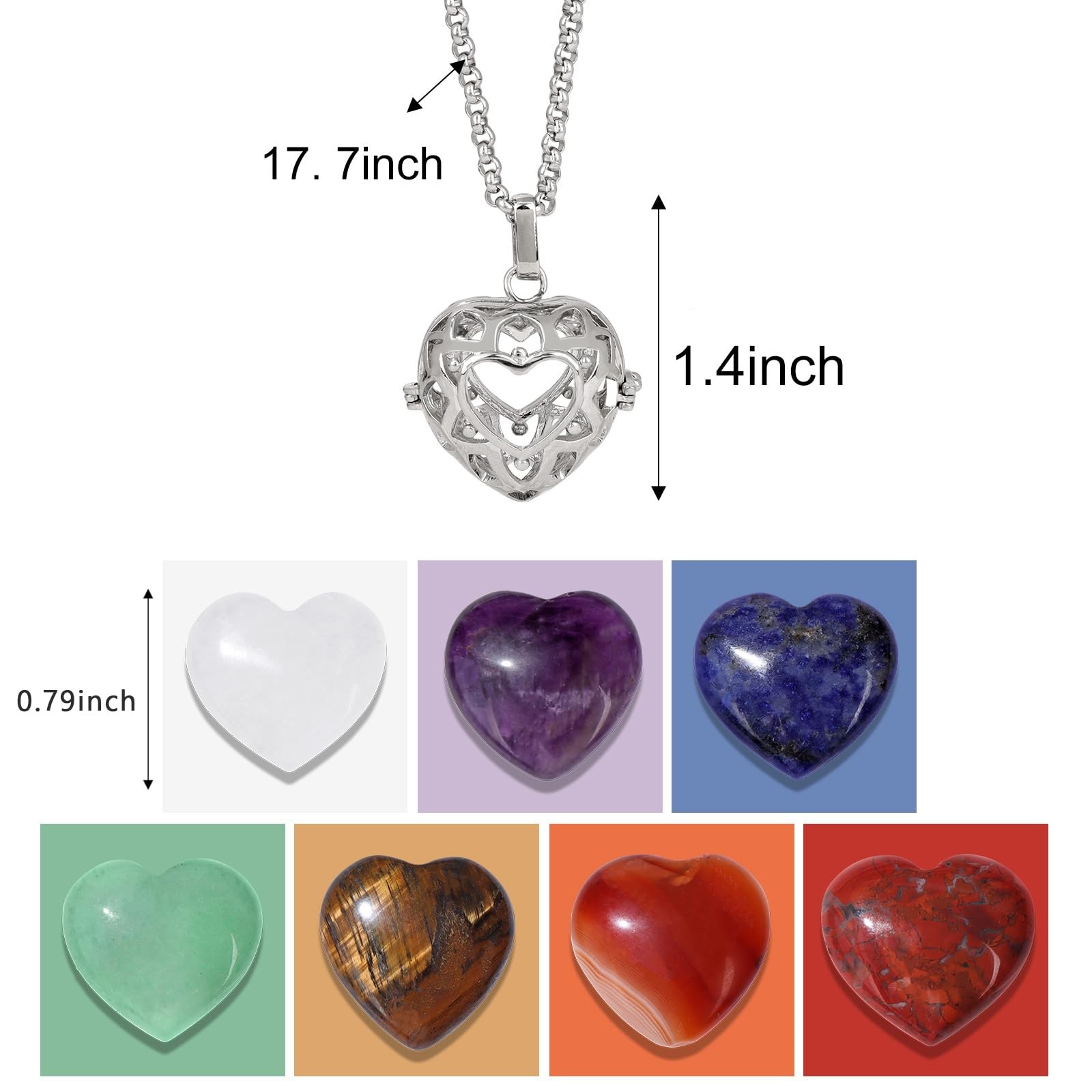 Heart Shaped Crystals and Healing Stones 7 Chakra Crystal Necklace 0.8 inch H…