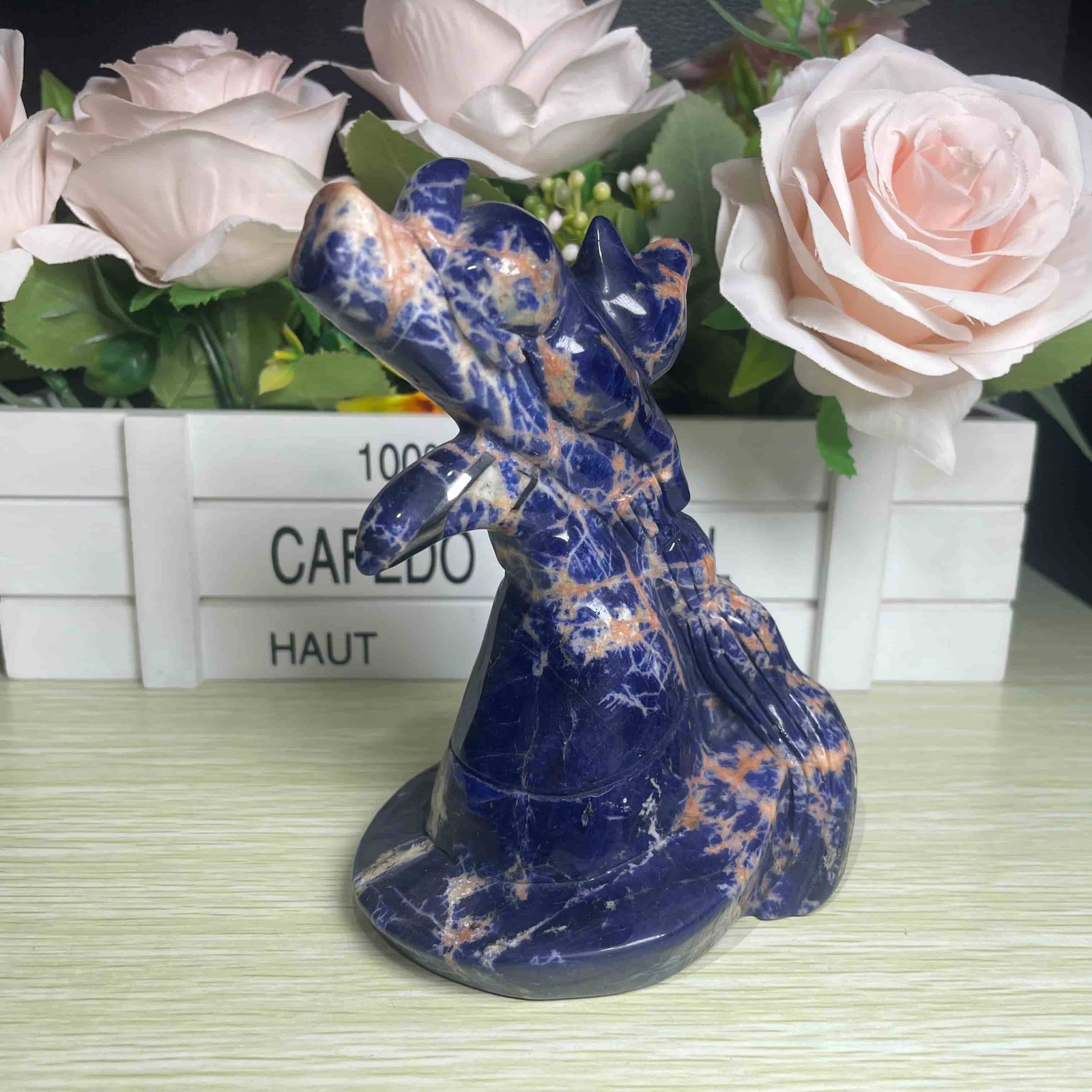 1.3LB 4.7” Natural Blue Sodalite Cat Cross Ornament Quartz Crystal