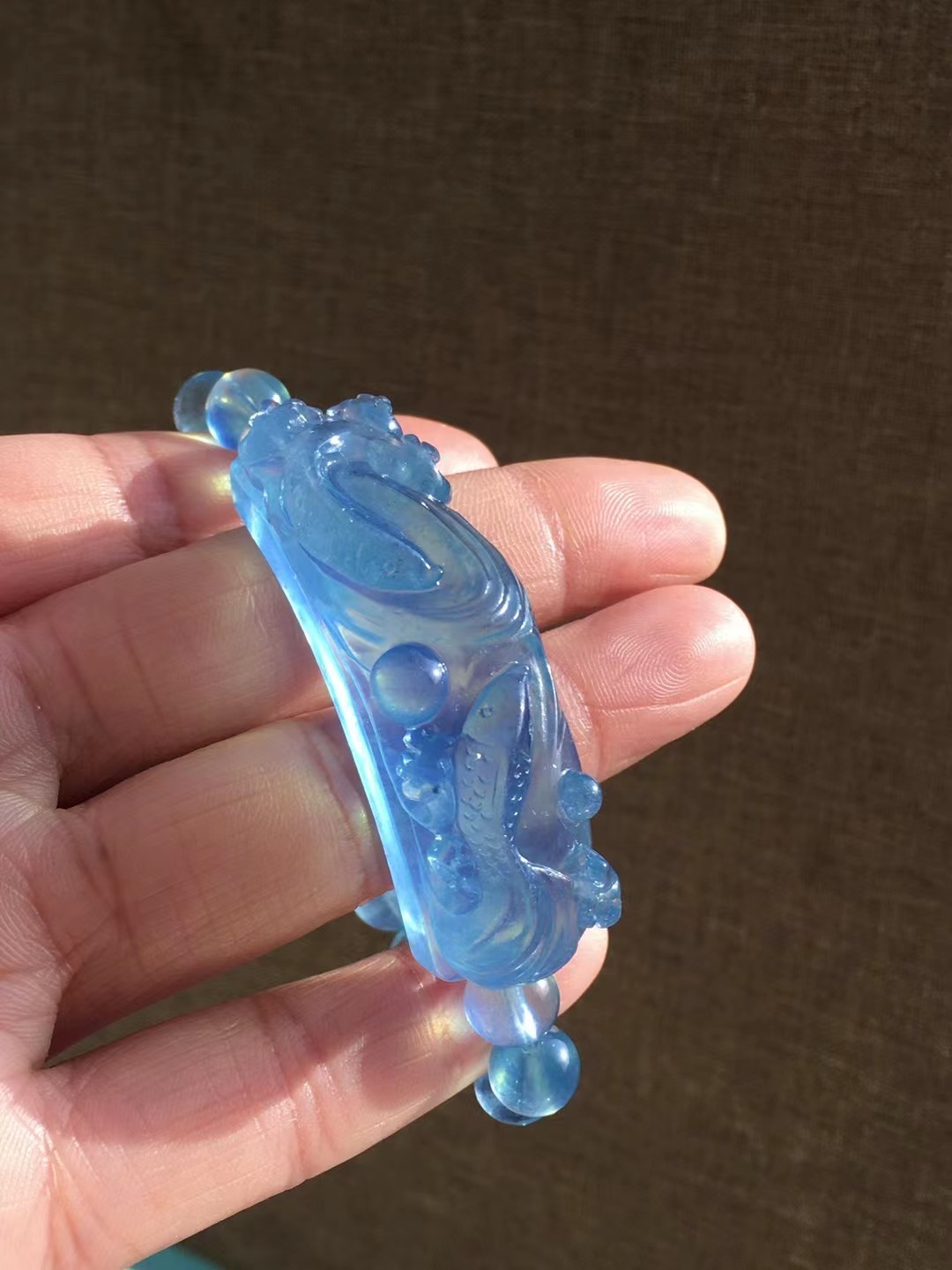 Rare Natural Aquamarine Quartz Healing Crystal Carved Fish bracelet Decor Reiki