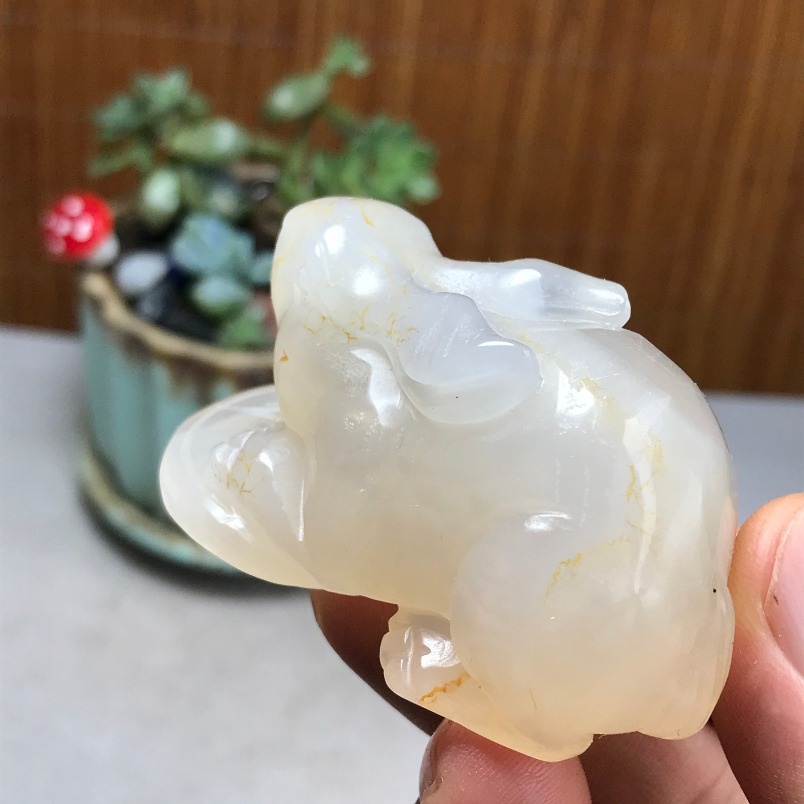 Natural agate carve Rabbit & Copper Coin Figurine, Feng Shui Wealth Luck 83