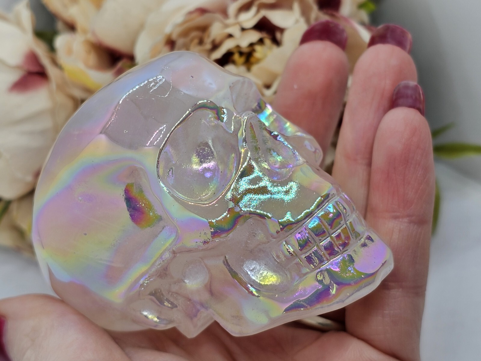 *SALE* Angel Aura Rose Quartz Rainbow crystal Skull 281g 5x7x4.8cm
