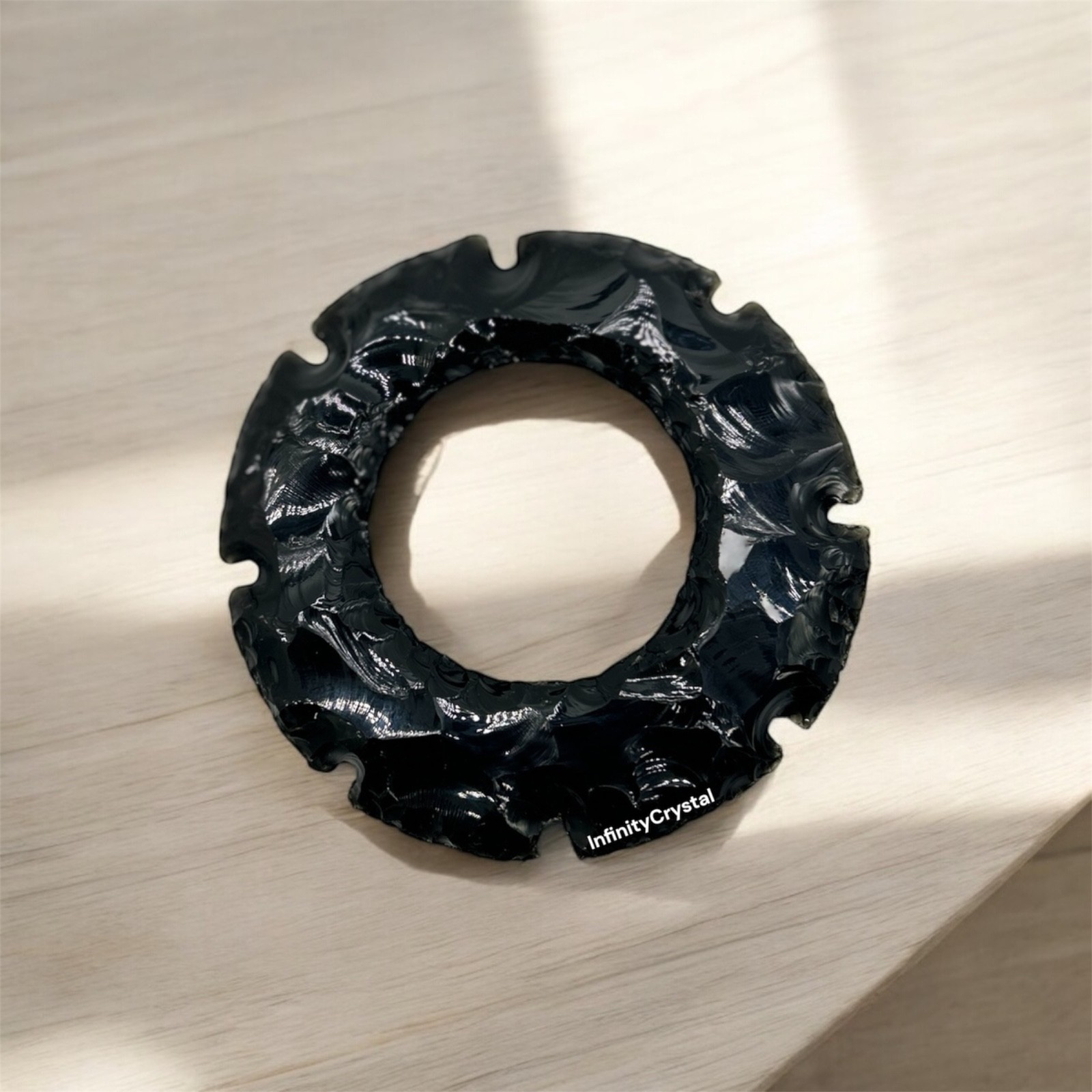 4″ Obsidian Donut Sculpture | Razor-Edge Volcanic Glass Art | Display Piece Prop