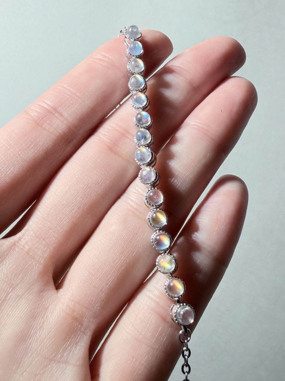 Natural Glassy Quality Madagascar Rainbow Moonstone S925 Adjustable Bracelet