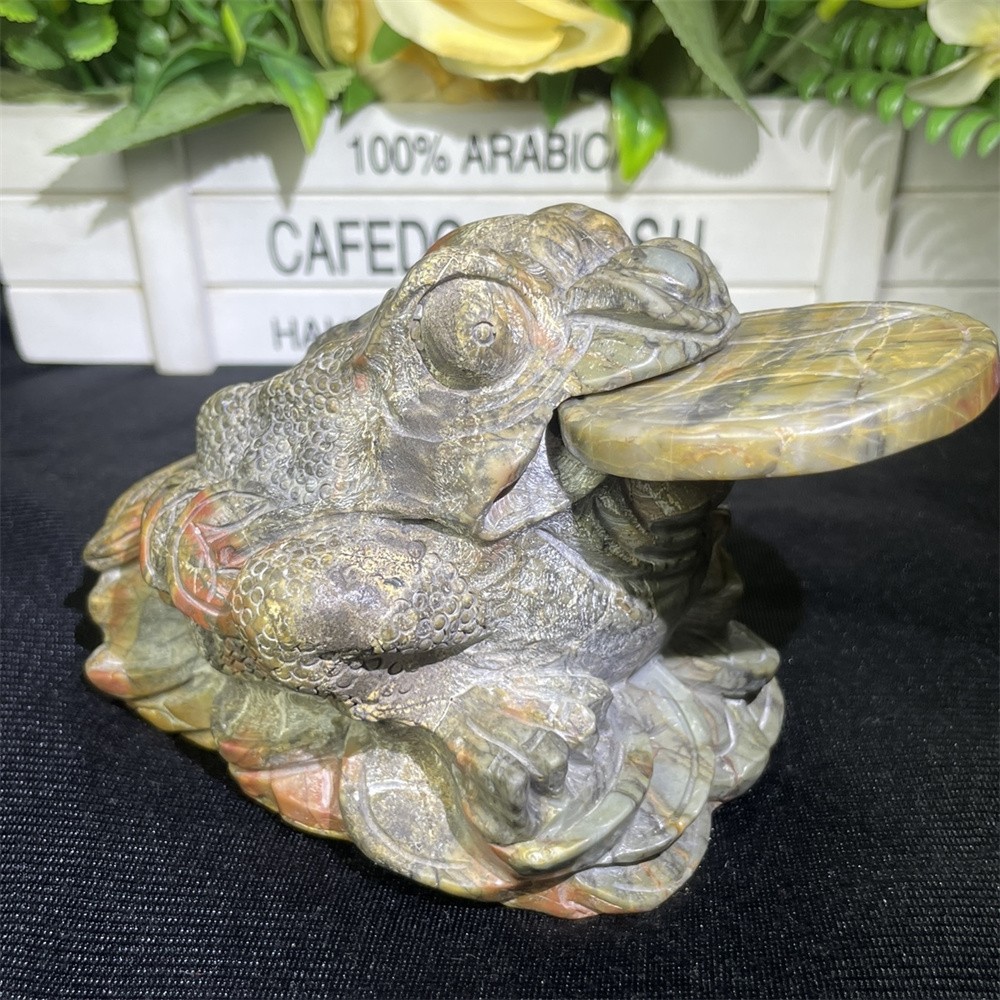 2.4LB 4.7″ Natural Creek Jasper Golden Toad Crystal Quartz Mineral Statue