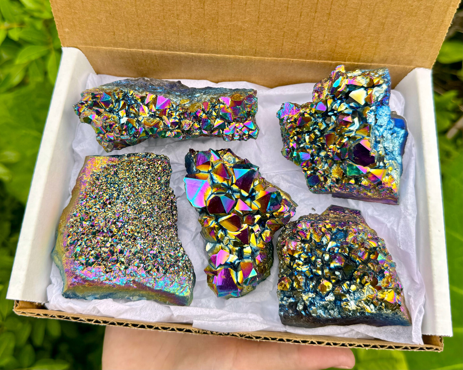 Rainbow Aura Amethyst Clusters: 5-6 Piece Box (Titanium Aura Amethyst Crystals)