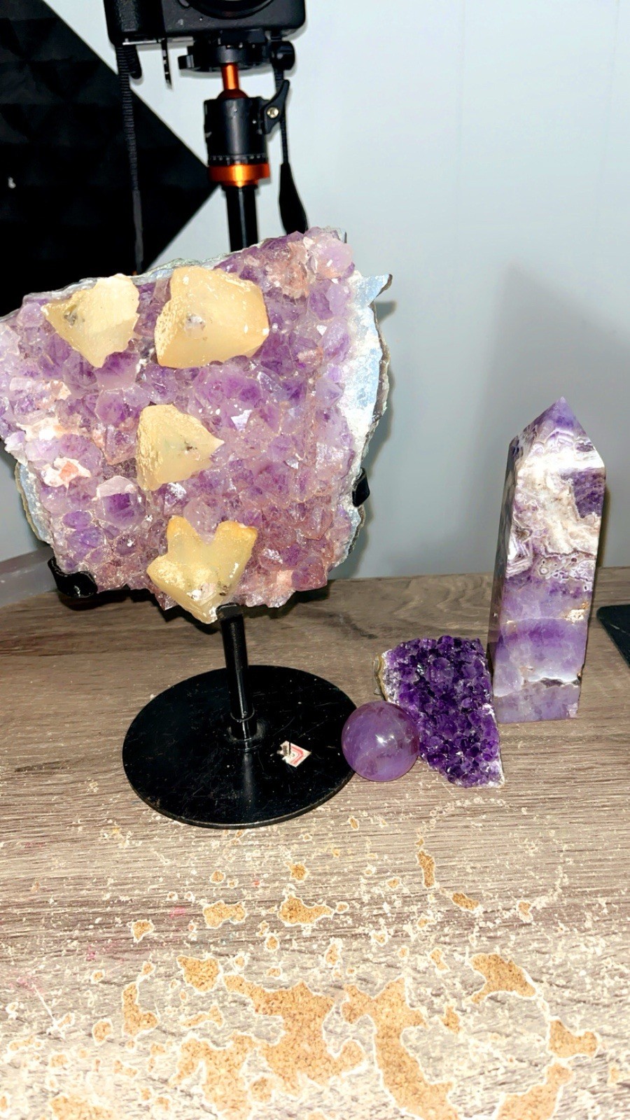 High-Quality Amethyst & Calcite Statement Set | 4-Piece Crystal Bundle w/ Stand