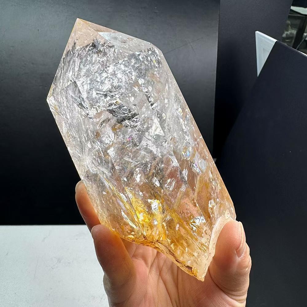 2.2LB Natural Rainbow White Quartz Obelisk Crystal Energy Tower Reiki +Stand