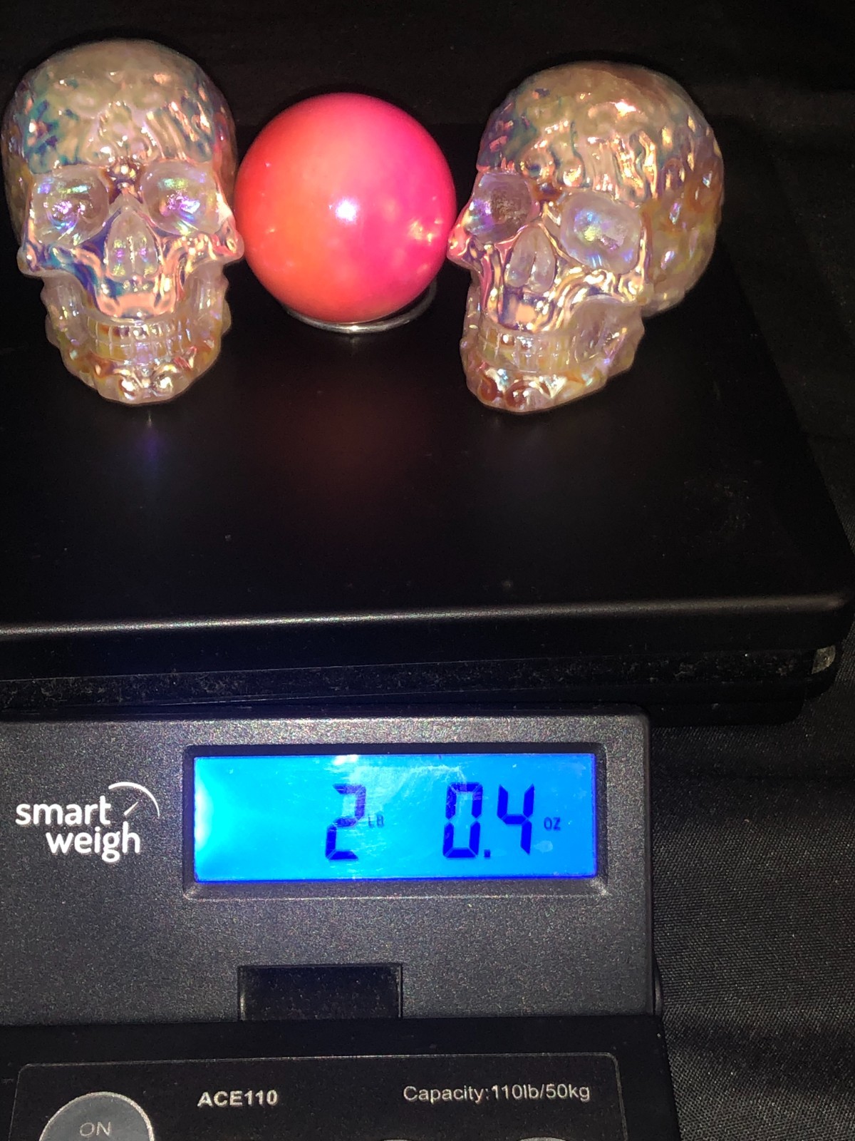 BEAUTIFUL DECOR 2 QUARTZ SKULLS WITH ELECTRO AURA PLATING AND PINK SPHERE