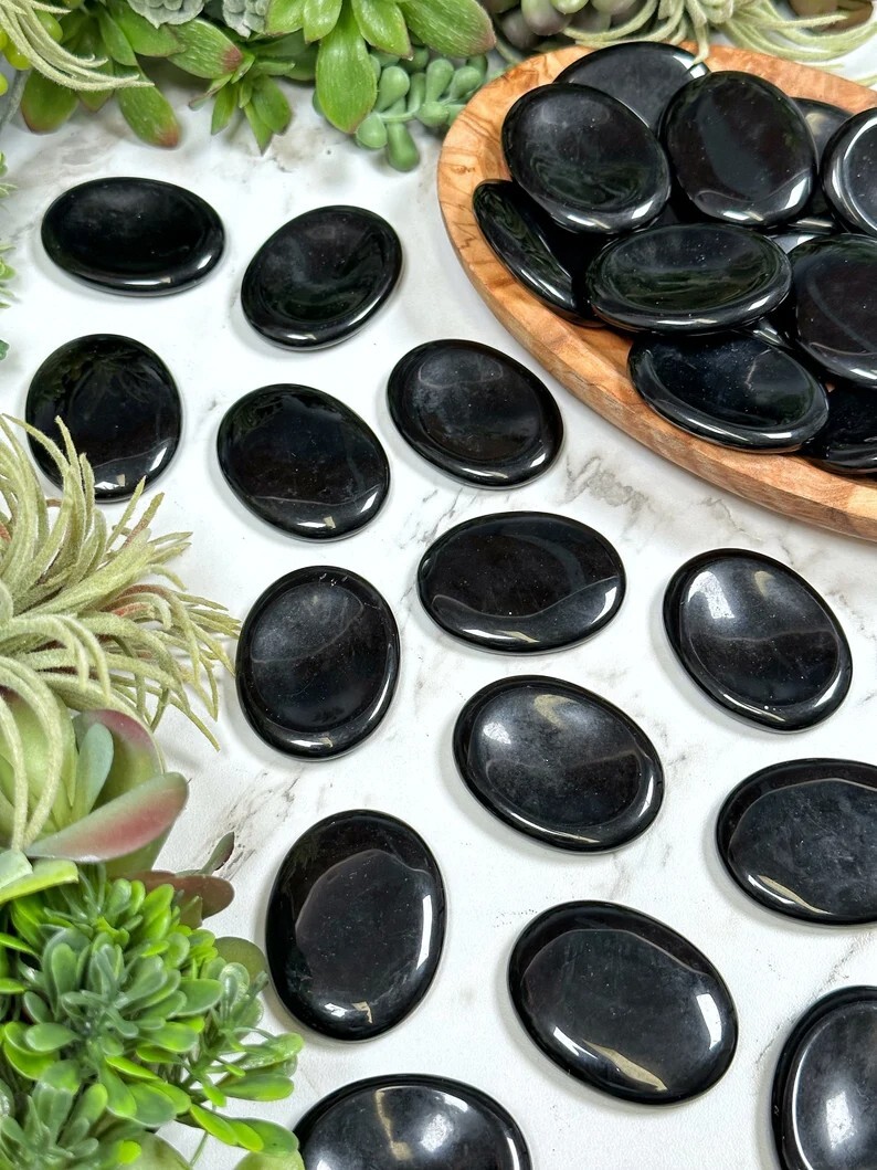 Black Obsidian Palm Worry Stone Oval Polished Healing Crystal Pocket Stone