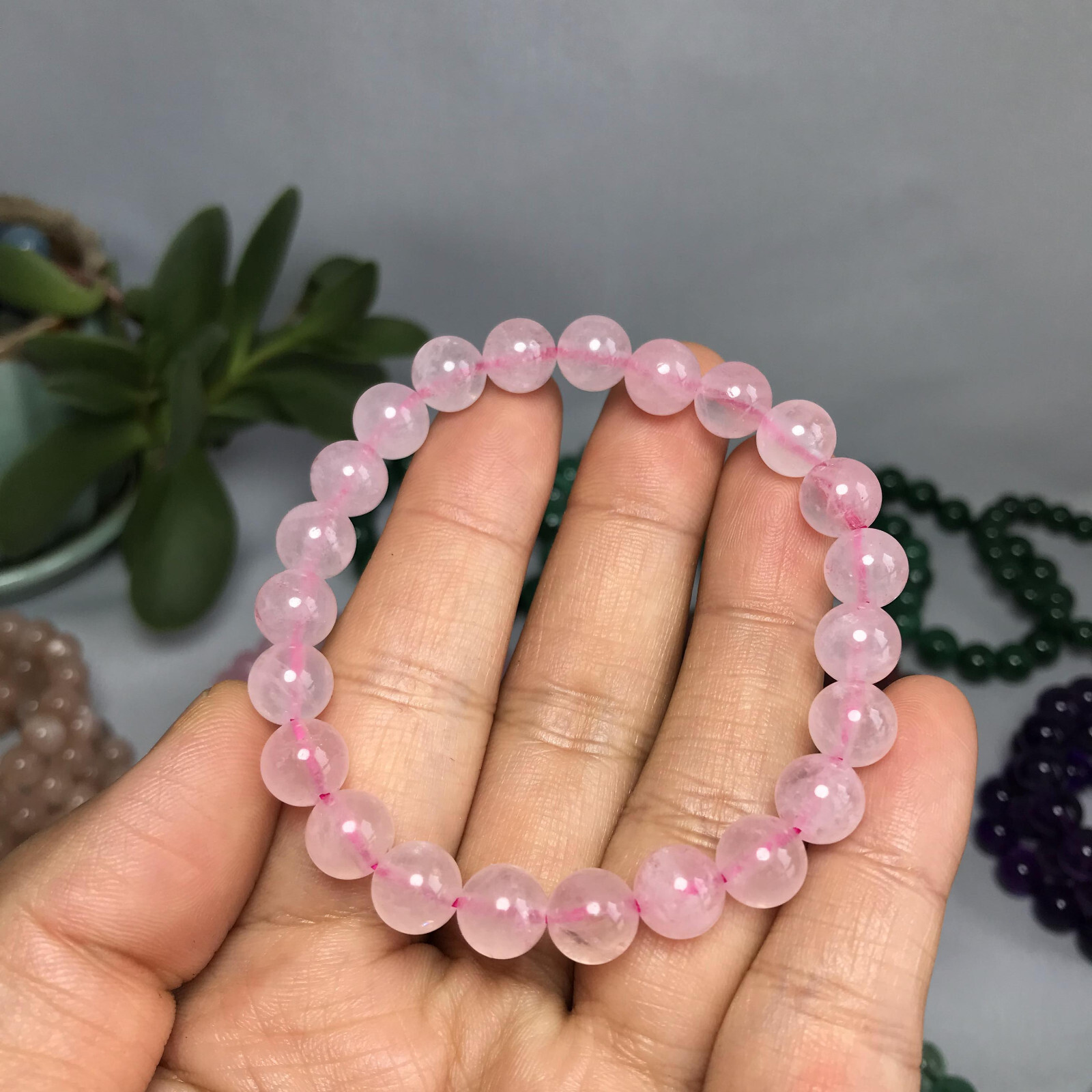 8mm-9mm Top Natural pink crystal gemstone Crystal chain beads bracelet 19g A5268