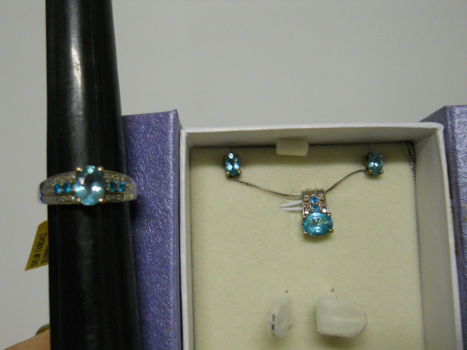 Sterling Silver Blue & Aqua Apatite Jewelry Set Necklace & Ring Size 7.5 #853