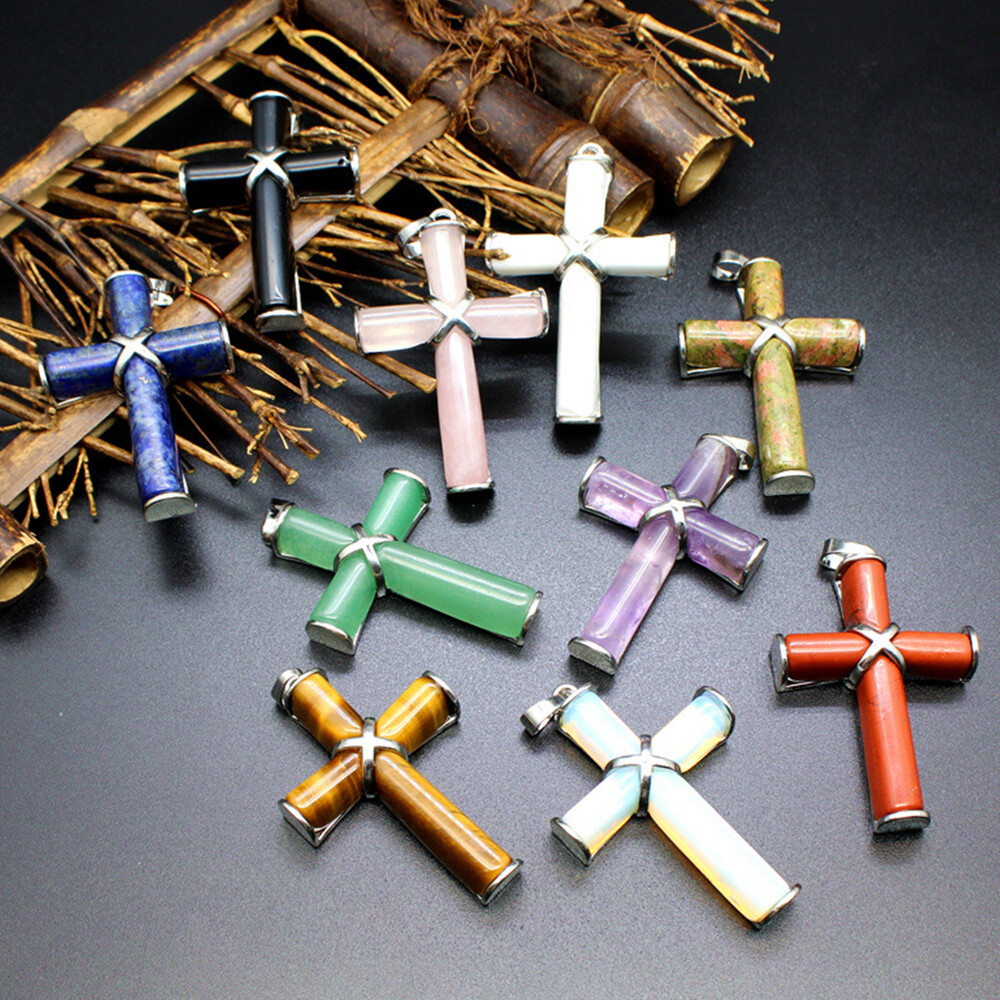 Natural Chakra Crystal Cross Pendant Gems Stone Amulet Energy Reiki Healing Gift