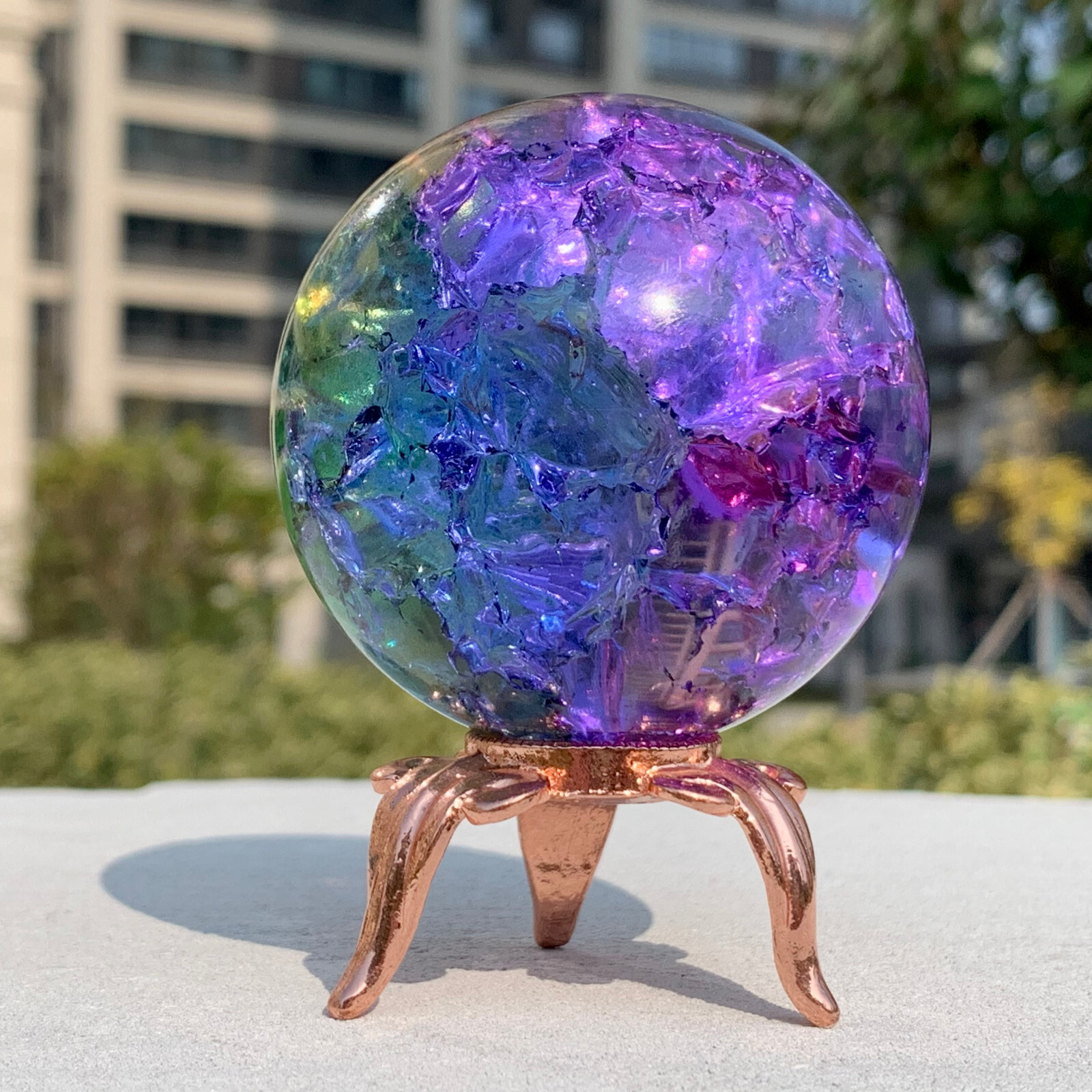 279G Natural Titanium Rainbow Quartz sphere Crystal ball Healing+stand