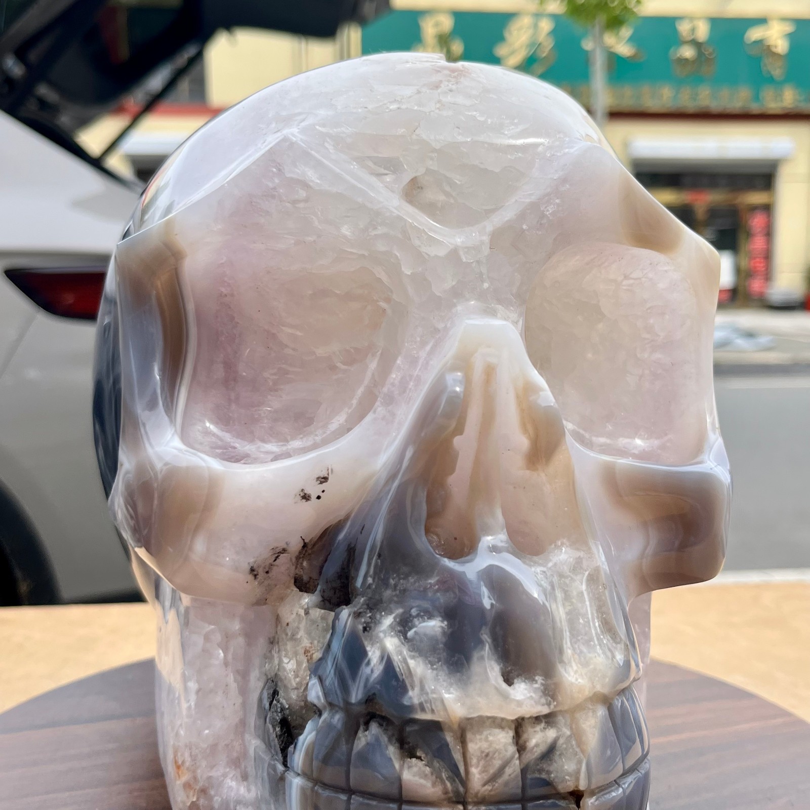 Polished Agate Crystal Skull Carving Natural Stone Head Sculpture Gothic 31.9 lb