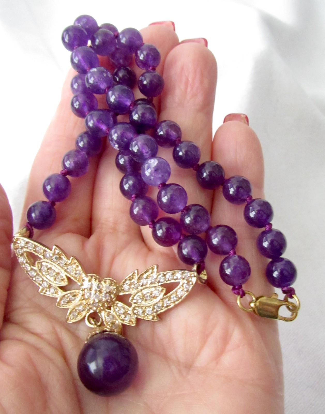 VTG Hand Knotted Purple Gemstone Necklace Likely Amethyst 18″ Rhinestone 43.6g