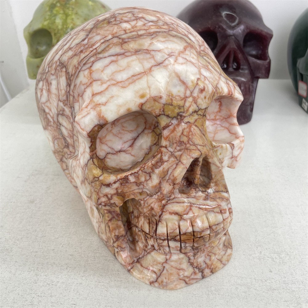 25.5LB 9″ Large Natural A++ Red Net Stone Skull Quartz Energy Statue Home Decor