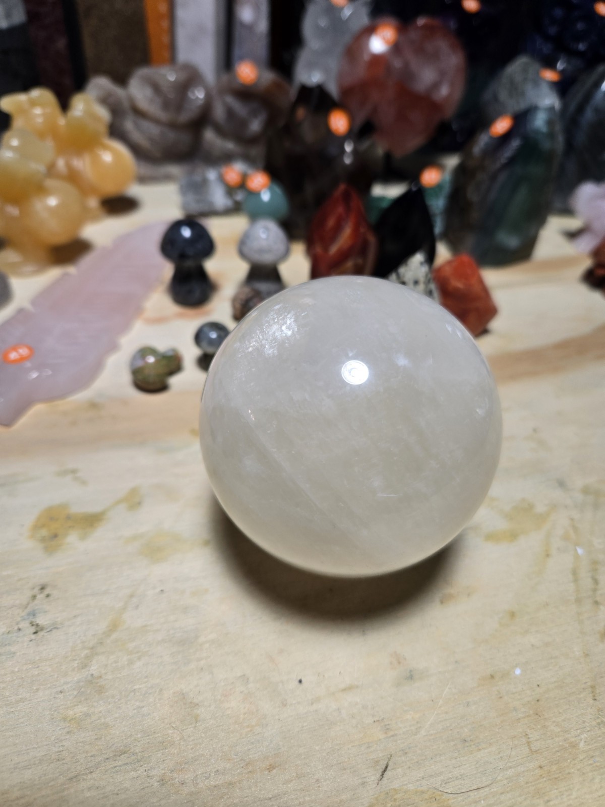 BIG 3in Light Honey Calcite Sphere – amazing rainbows! O33
