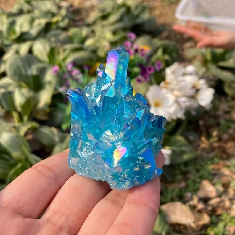 80-100g Aura Blue Crystal Cluster Quartz Titanium Rainbow Healing Geode Gift
