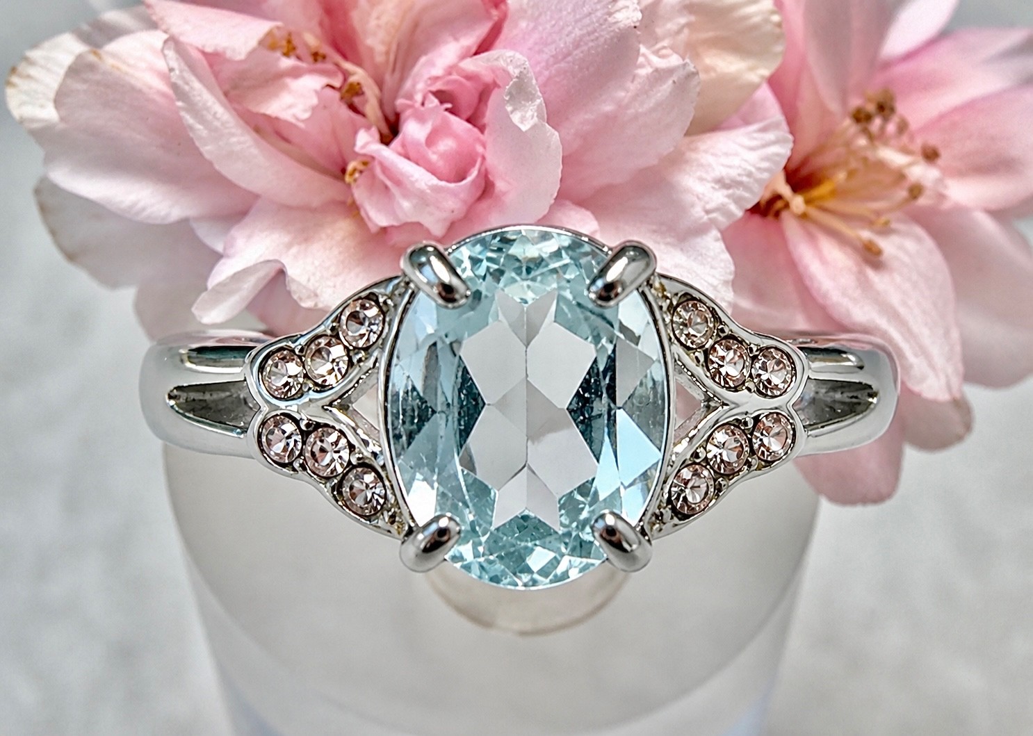 Wholesale 7 Pcs Natural Blue Topaz Stainless Steel(316) Rings Crystal 7x9mm