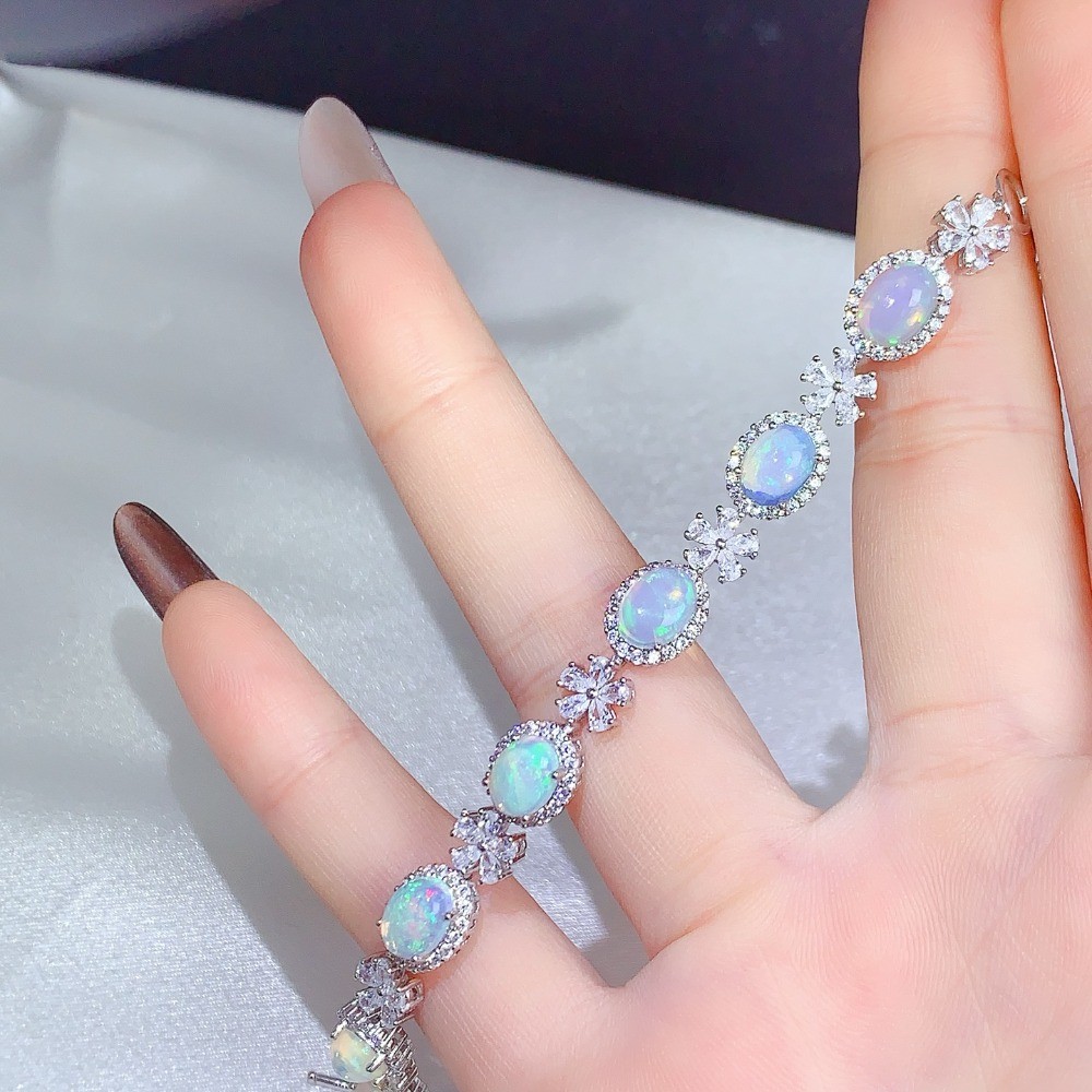 Natura oval opal bracelet Gemstone jewelry S925 Silver Plated 18K Gold Gift