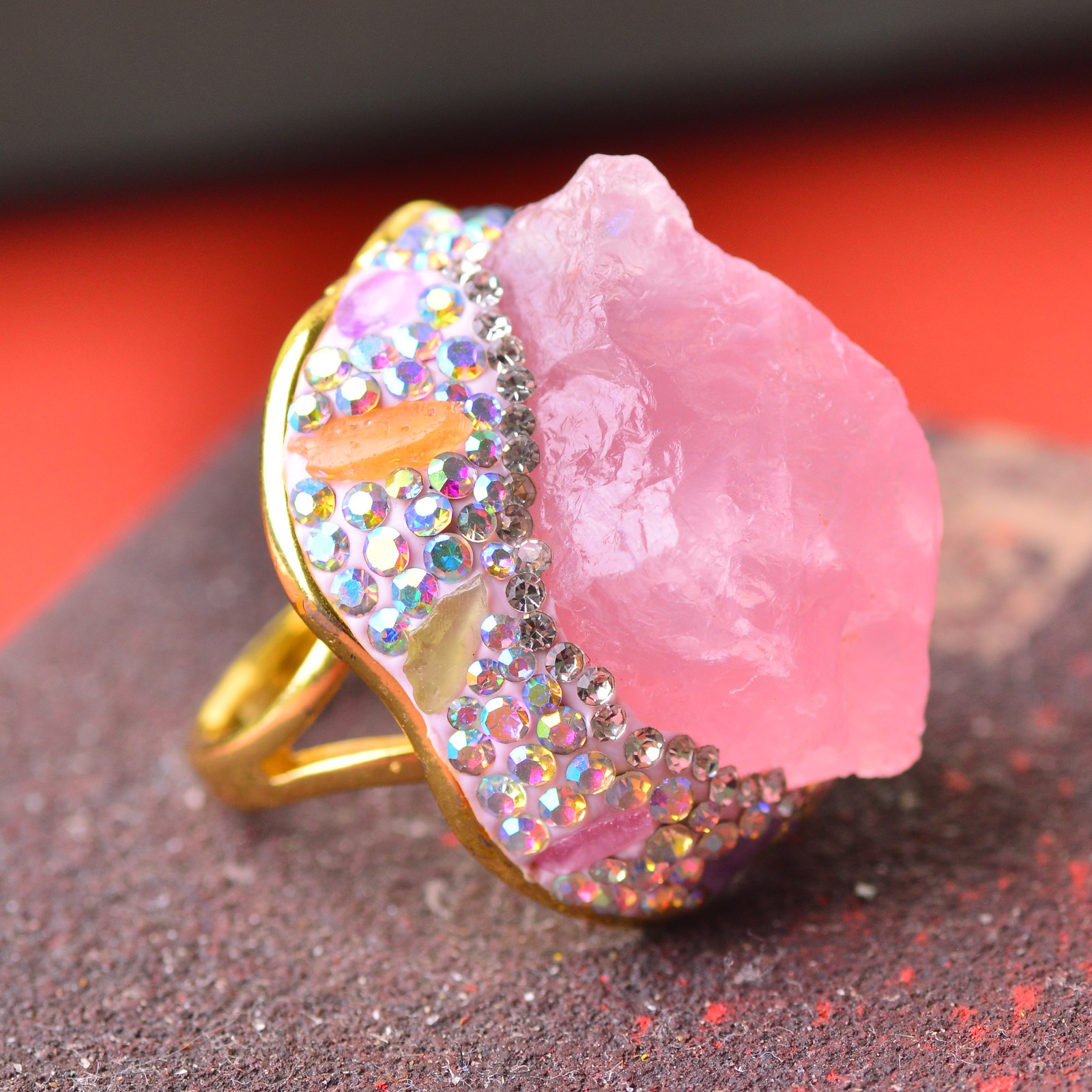 pink quartz ring, alloy inlaid with handmade gemstone jewelry Love Stone