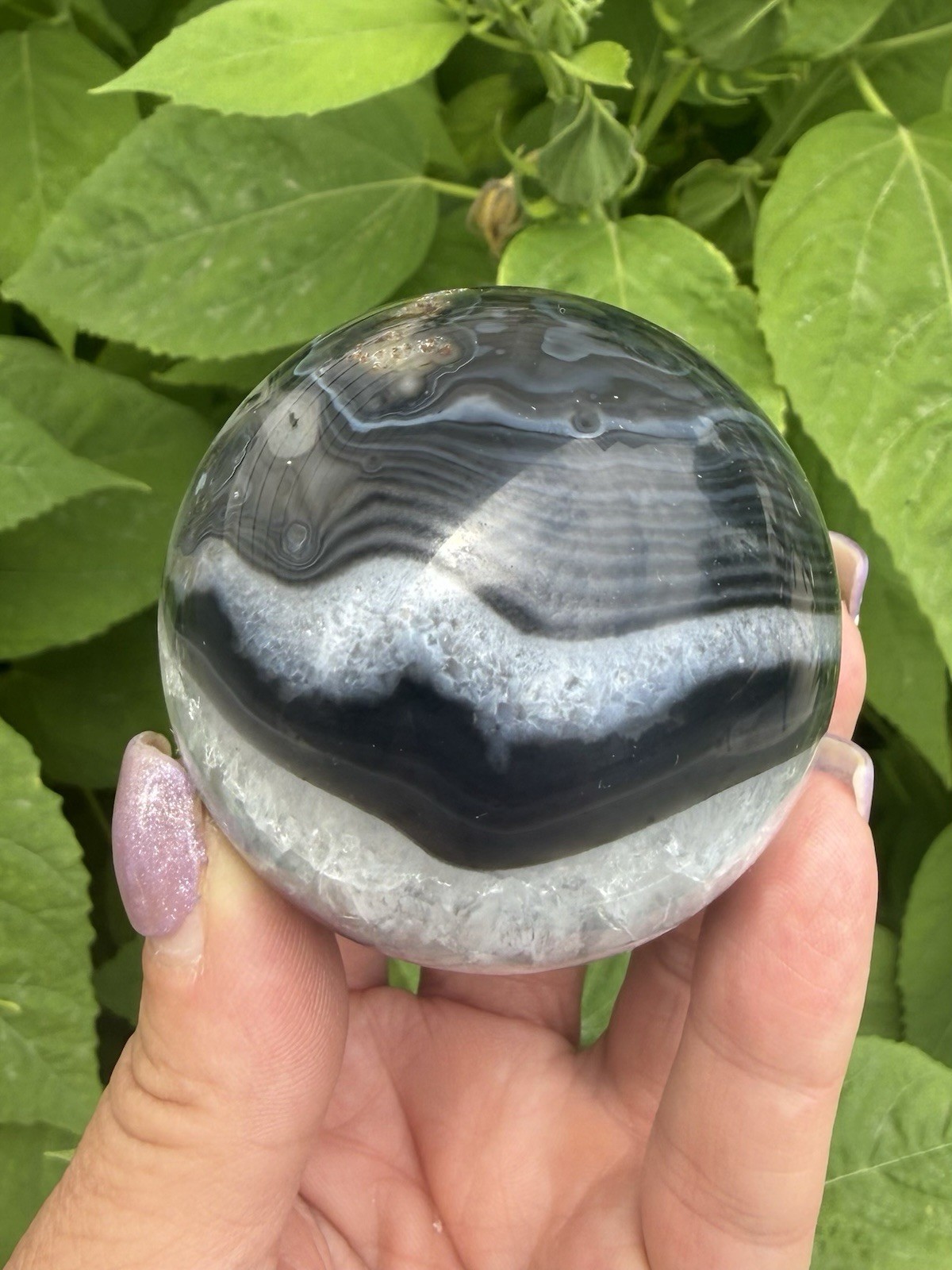 Natural Black Banded Agate Sphere w/ Druzy Quartz 52mm Crystal Ball Polished