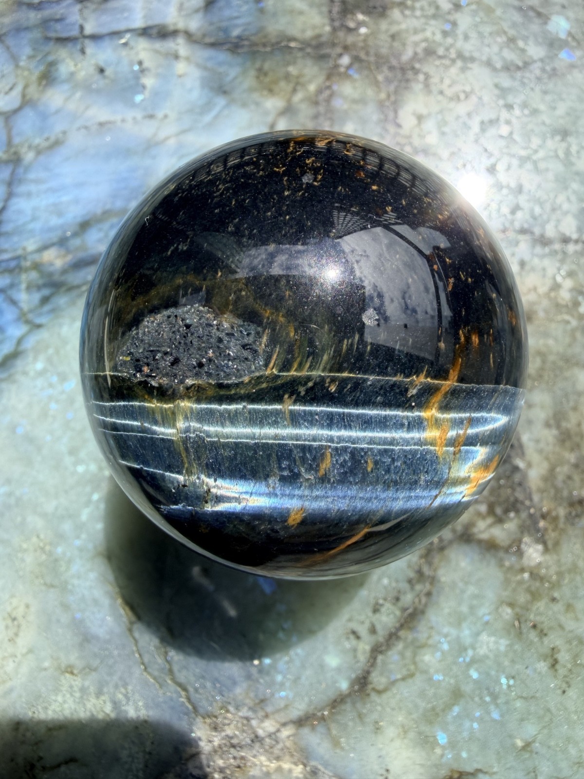 Blue Tiger’s Eye (Hawk’s Eye) Sphere | Intense Chatoyancy Cat’s Eye Effect 2.3″