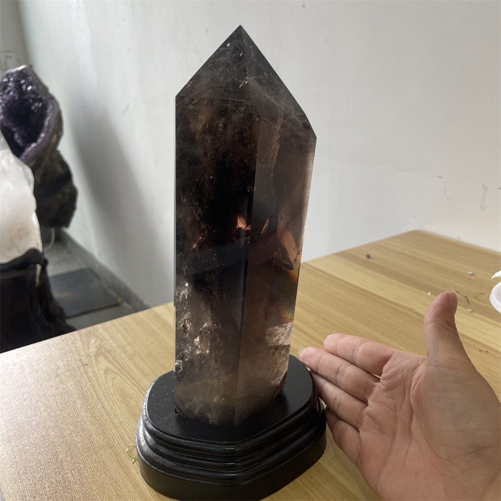 5.5LB 10.6″ A++Natural Smoky Quartz Obelisk Tower Quartz Crystal Energy +Stand