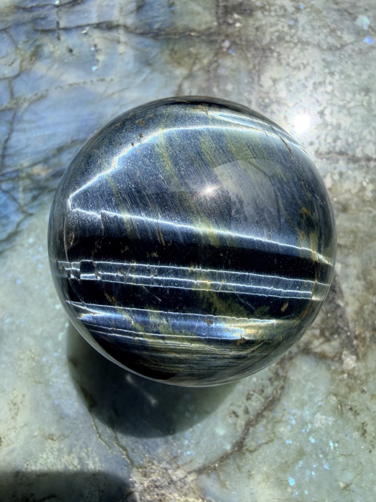 Blue Tiger’s Eye (Hawk’s Eye) Sphere | Intense Chatoyancy Cat’s Eye Effect 2.3″