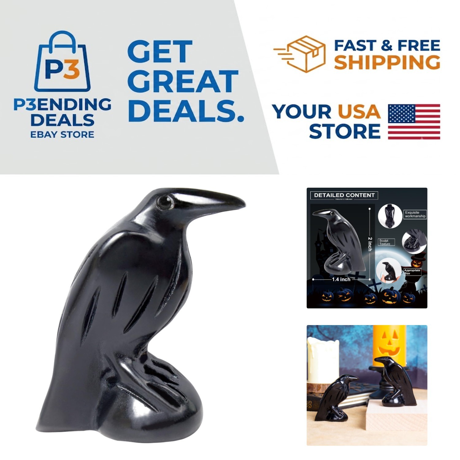 Exquisite Gothic Black Obsidian Raven Figurine – 2-Inch Collectible Decor