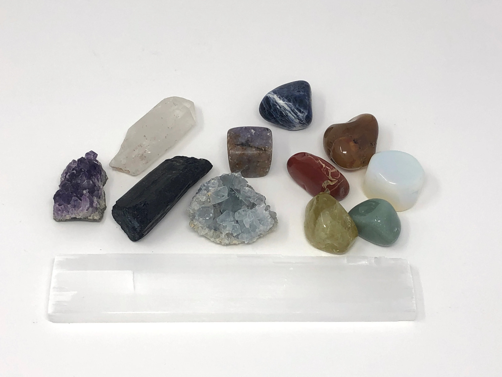 7-Chakra Crystal Set, Raw and Polished Stones, Selenite Satinspar Plate