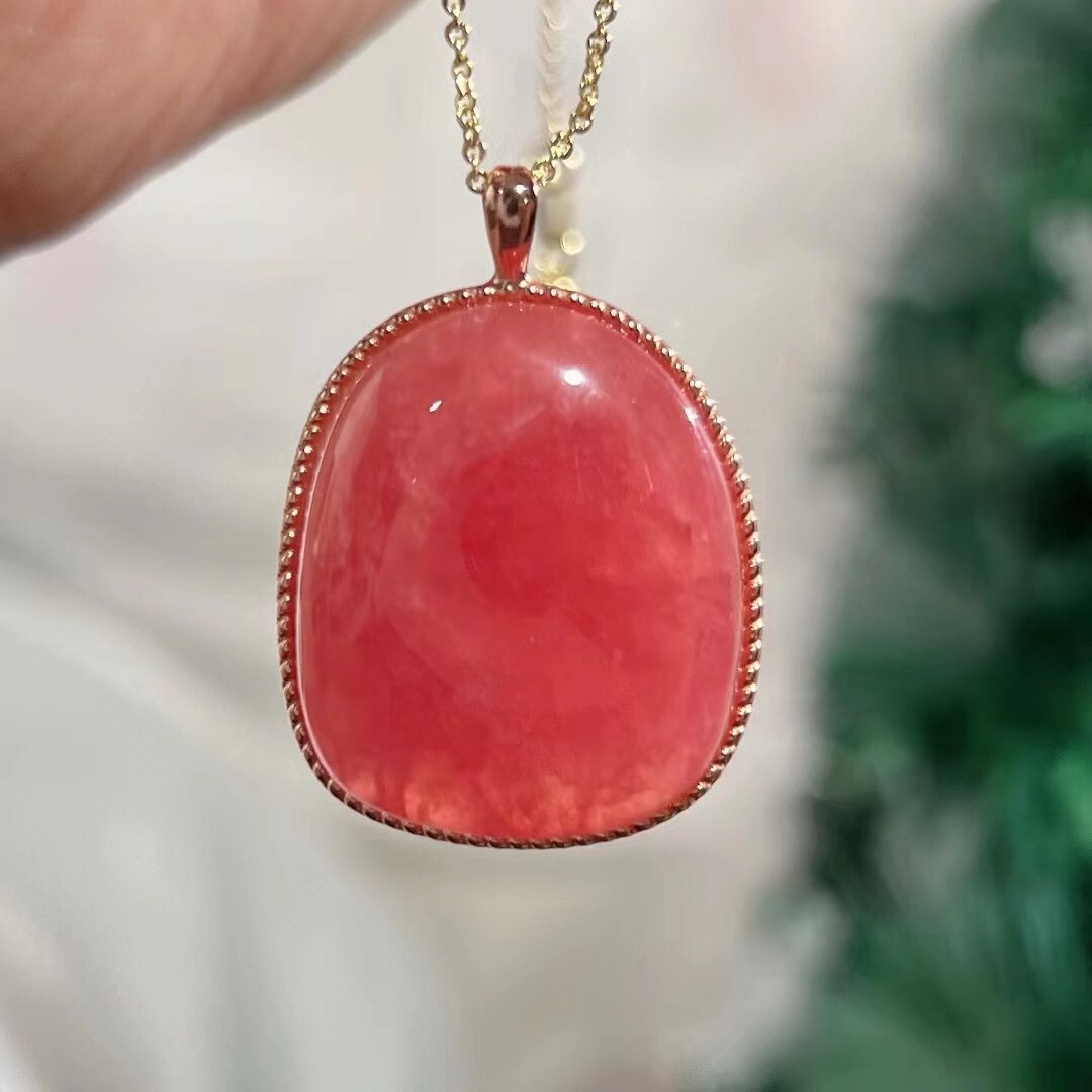 Natural Ice Rose Rhodochrosite Gemstone Love Woman Pendant AAAA 32*23mm18K