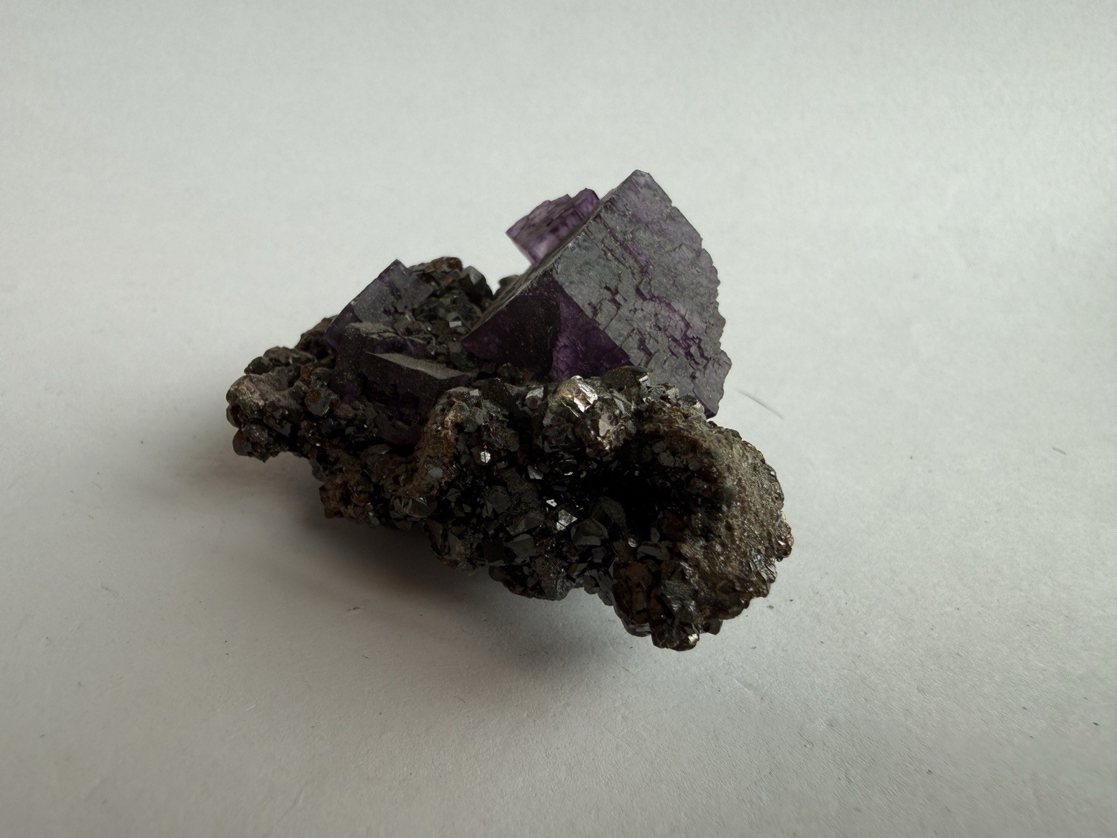 Purple Fluorite on Sphalerite Crystal Cluster Elmwood Mineral Specimen 84g