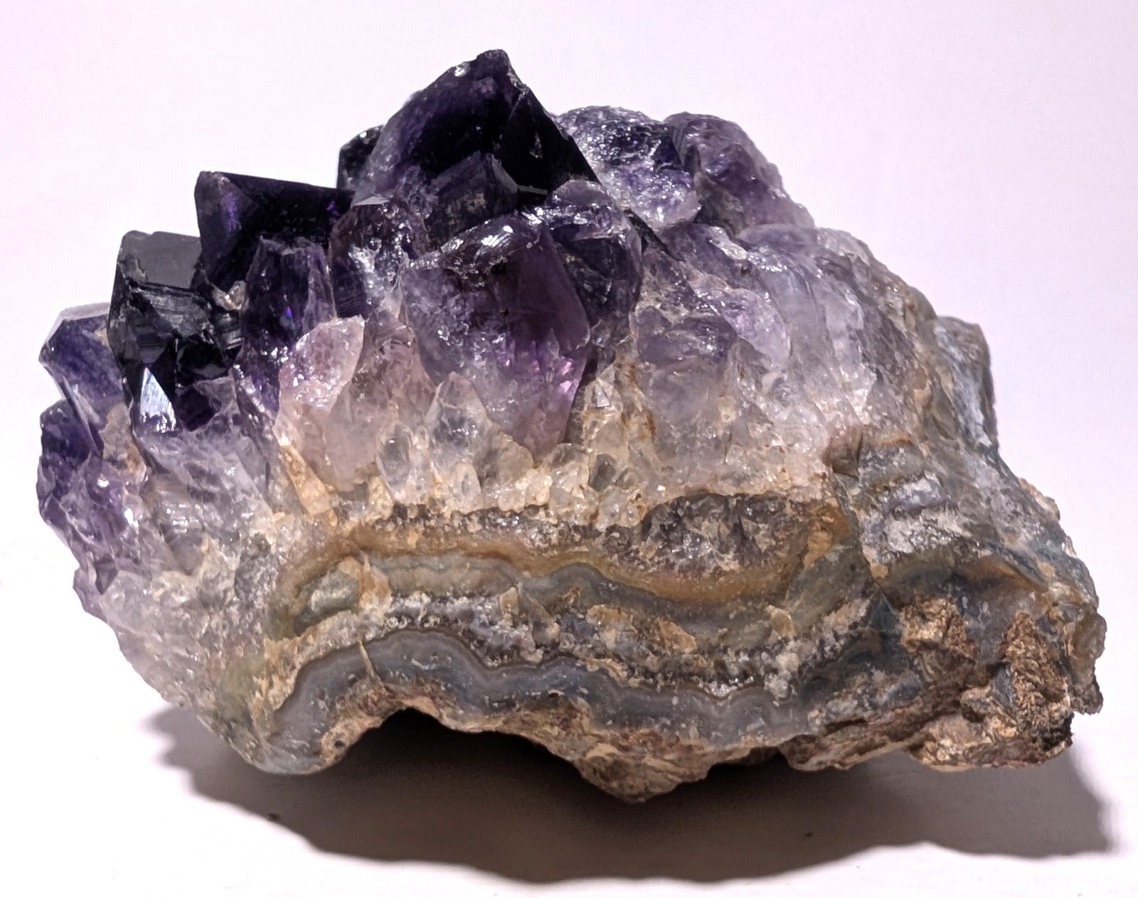 Amethyst Cluster Attached To Banded Matrix Deep Purple To Cloudy Quartz 10.2 oz