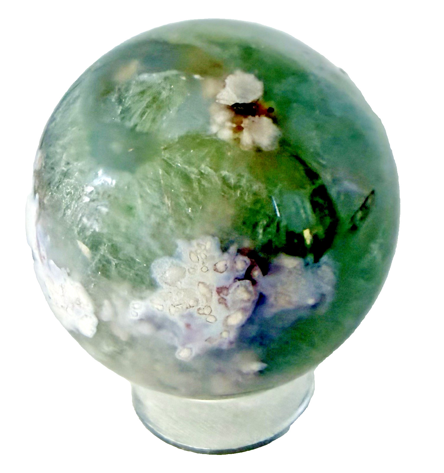 738g Beautiful Fluorite Crystal Sphere With Unique UV Pattern Reactions W/Holder