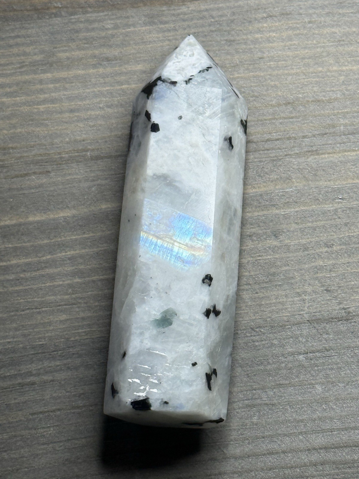 Rainbow Moonstone Crystal Tower Blue Flash Black Tourmaline Inclusion 3.5”